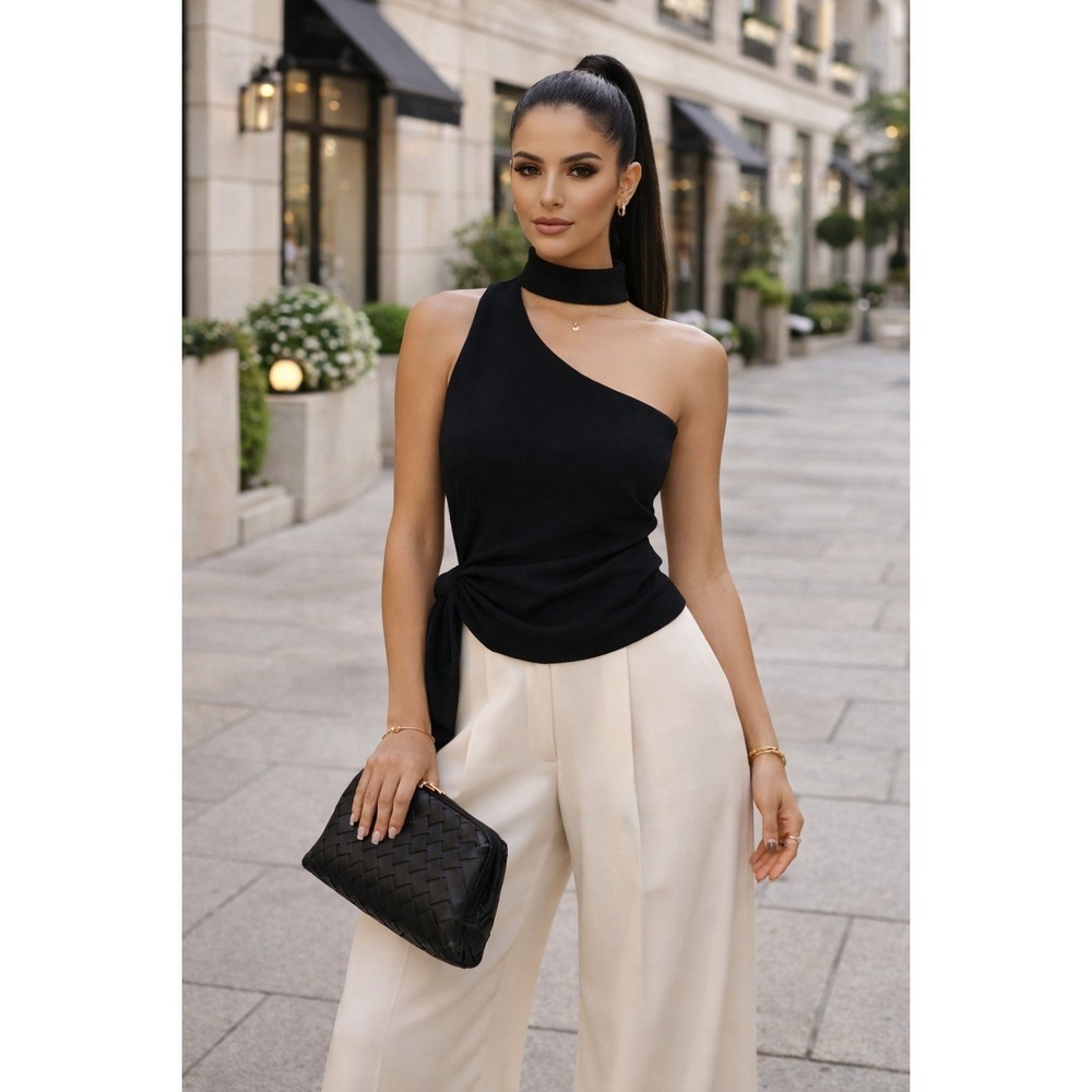 Cinq à Sept One Shoulder Top Black Choker Asymmetrical Sexy Night Going Out NWT